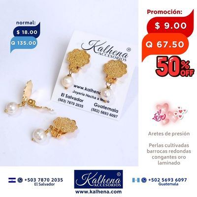 Aretes de presión oro laminado y perla cultivada