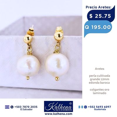 Aretes en oro laminado y perla cultivada grande 12mm Aretes en oro laminado y perla cultivada grande 12mm