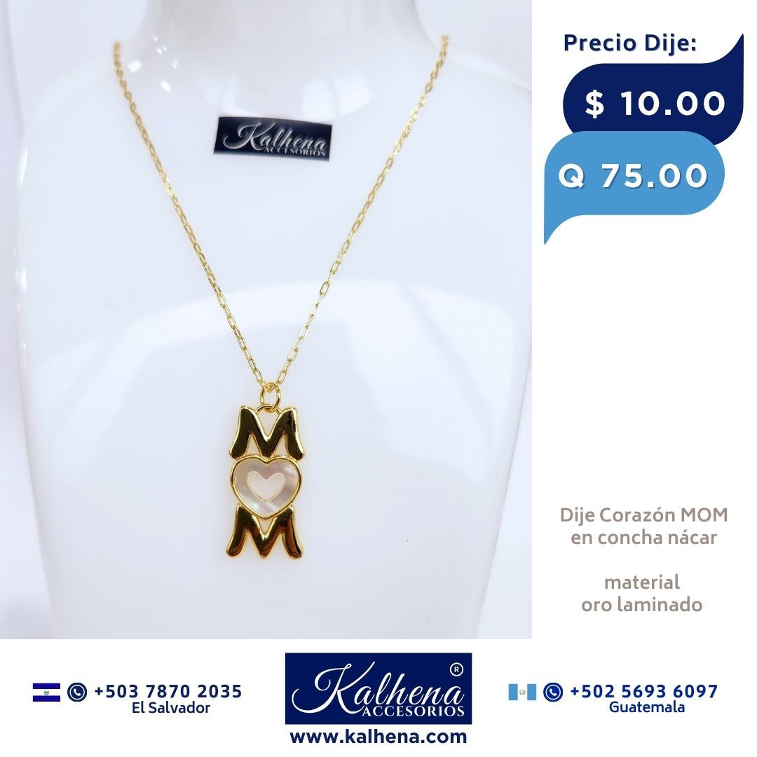 Dije corazón MOM en concha nácar y oro laminado