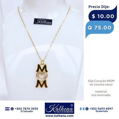 Dije corazón MOM en concha nácar y oro laminado Dije corazón MOM en concha nácar y oro laminado