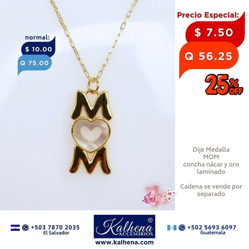 Dije corazón MOM en concha nácar y oro laminado Dije corazón MOM en concha nácar y oro laminado