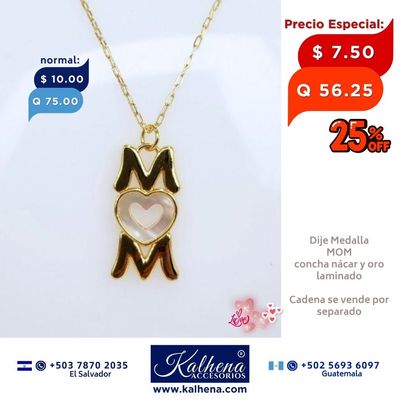 Dije corazón MOM en concha nácar y oro laminado Dije corazón MOM en concha nácar y oro laminado