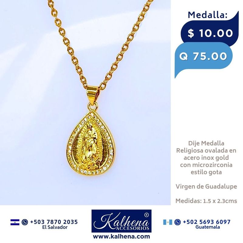 Dije Medalla Religiosa Virgen de Guadalupe (gota) y microzirconias