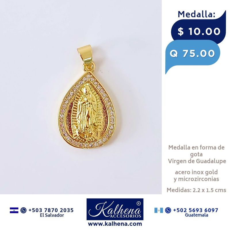 Medalla Religiosa Virgen de Guadalupe (gota) y microzirconias