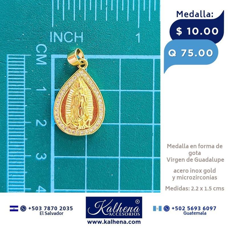 Medalla Religiosa Virgen de Guadalupe (gota) y microzirconias