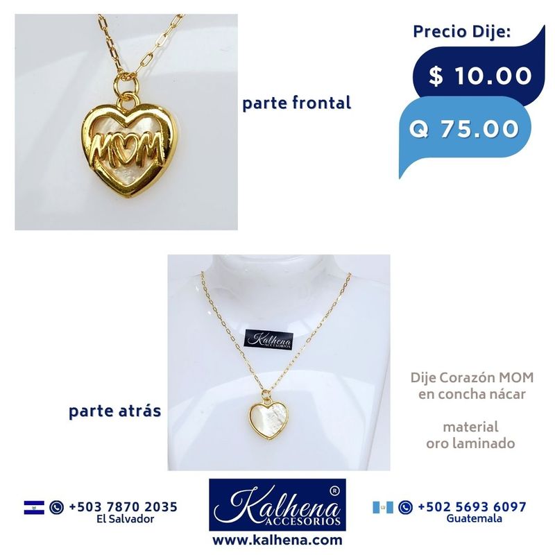Dije corazón MOM en concha nácar y oro laminado