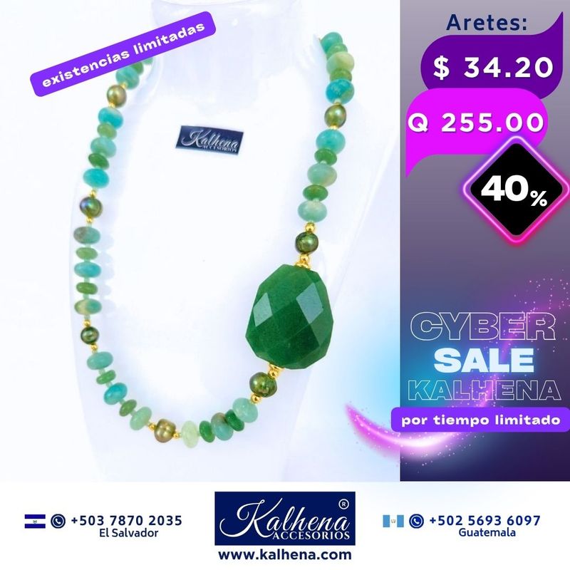 Collar Jade y perlas cultivadas verdes, detalles oro laminado Collar Jade y perlas cultivadas verdes, detalles oro laminado