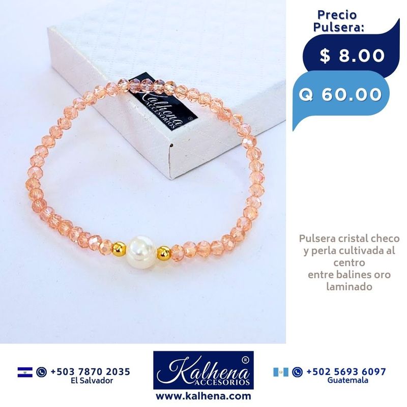 Pulseras cristal checo (rosa) perla cultivada entre balines oro laminado