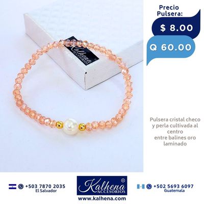 Pulseras cristal checo (rosa) perla cultivada entre balines oro laminado