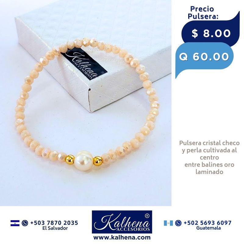 Pulseras cristal checo (nude)  perla cultivada entre balines oro laminado