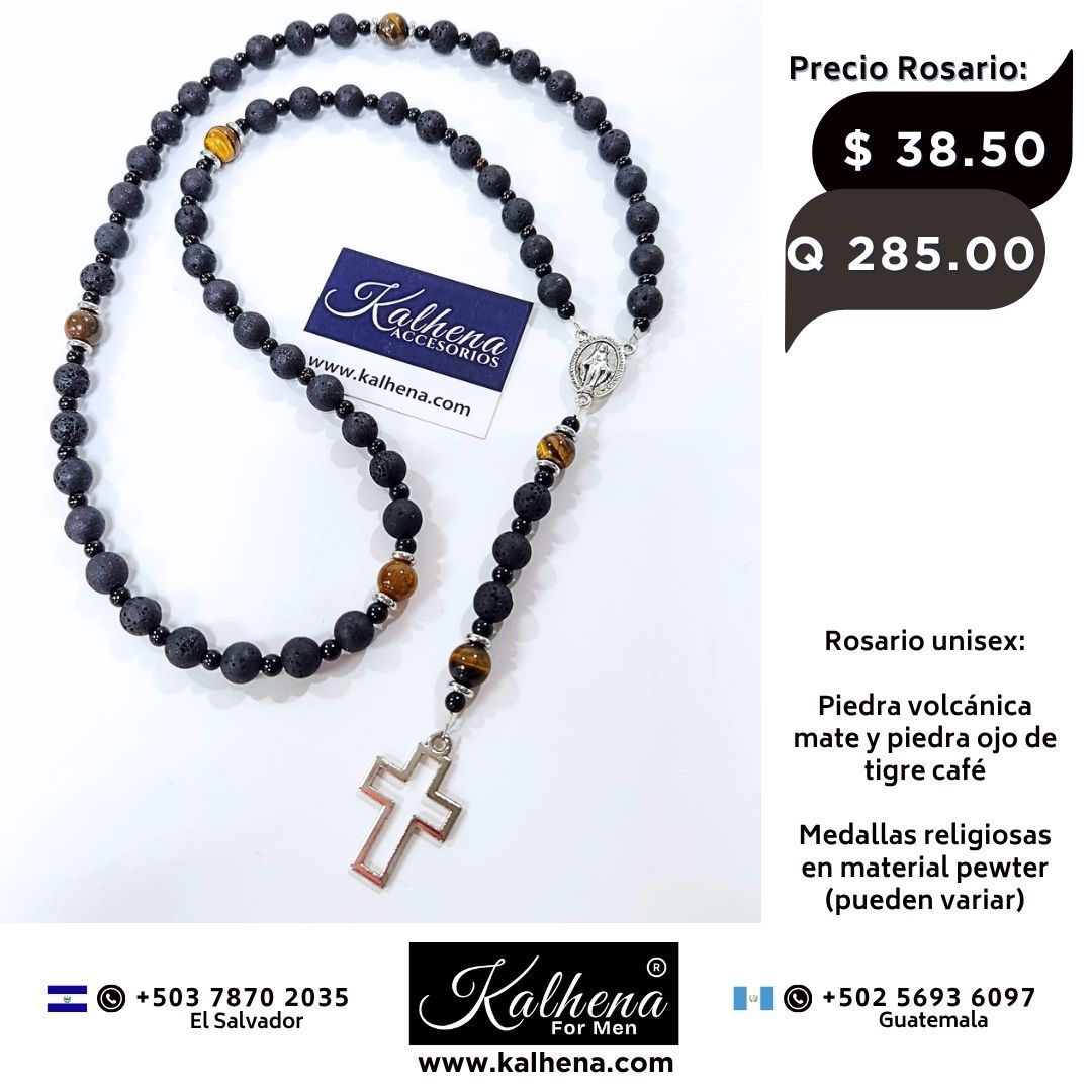 Rosario en piedra volcánica medallas religiosas en pewter