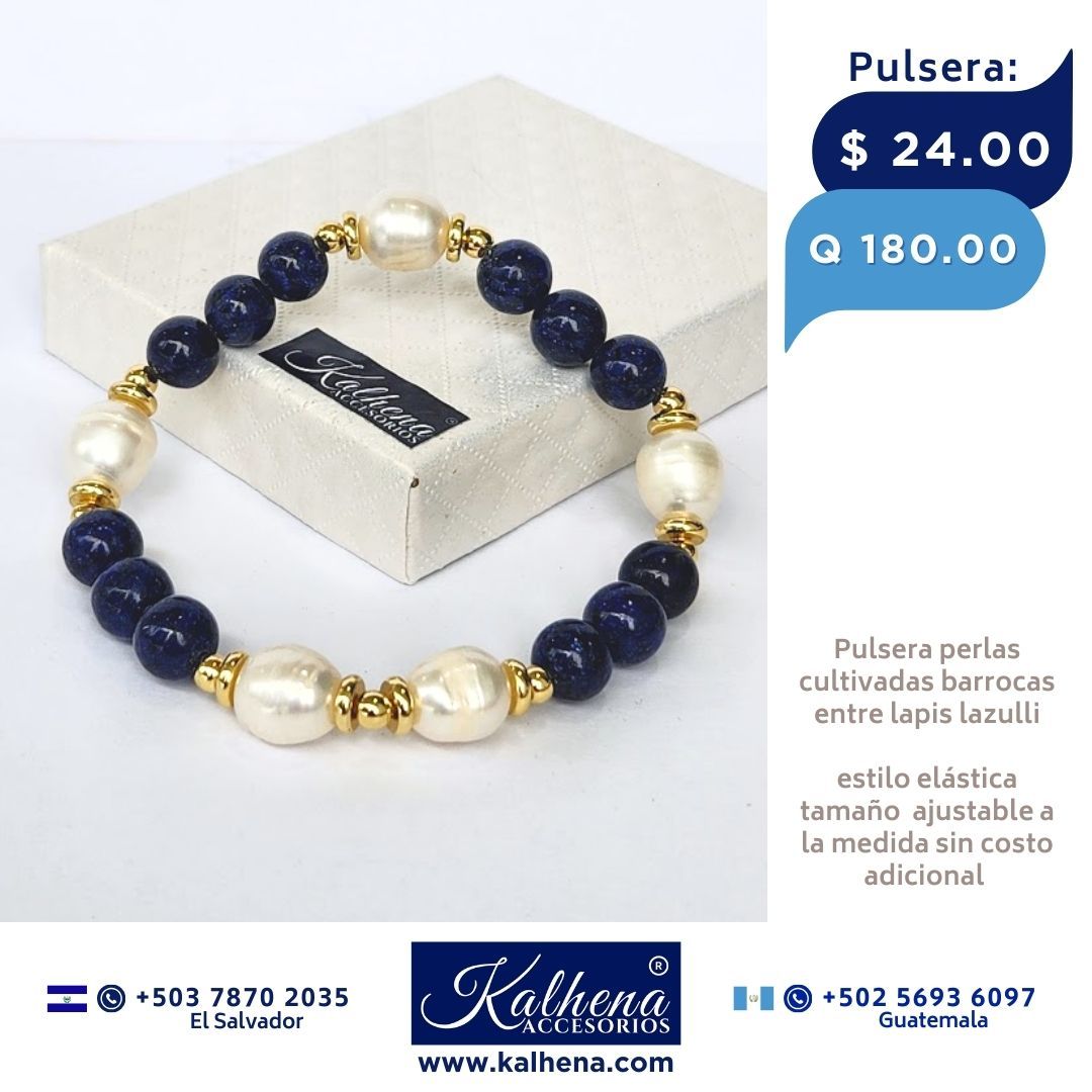 Pulsera lapis lazulli y perlas cultivadas barrocas blancas