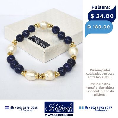Pulsera lapis lazulli y perlas cultivadas barrocas blancas