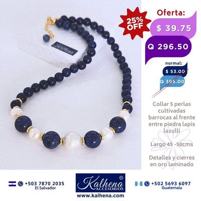 Collar lapis lazulli y perlas cultivadas barrocas blancas