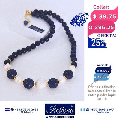 Collar lapis lazulli y perlas cultivadas barrocas blancas