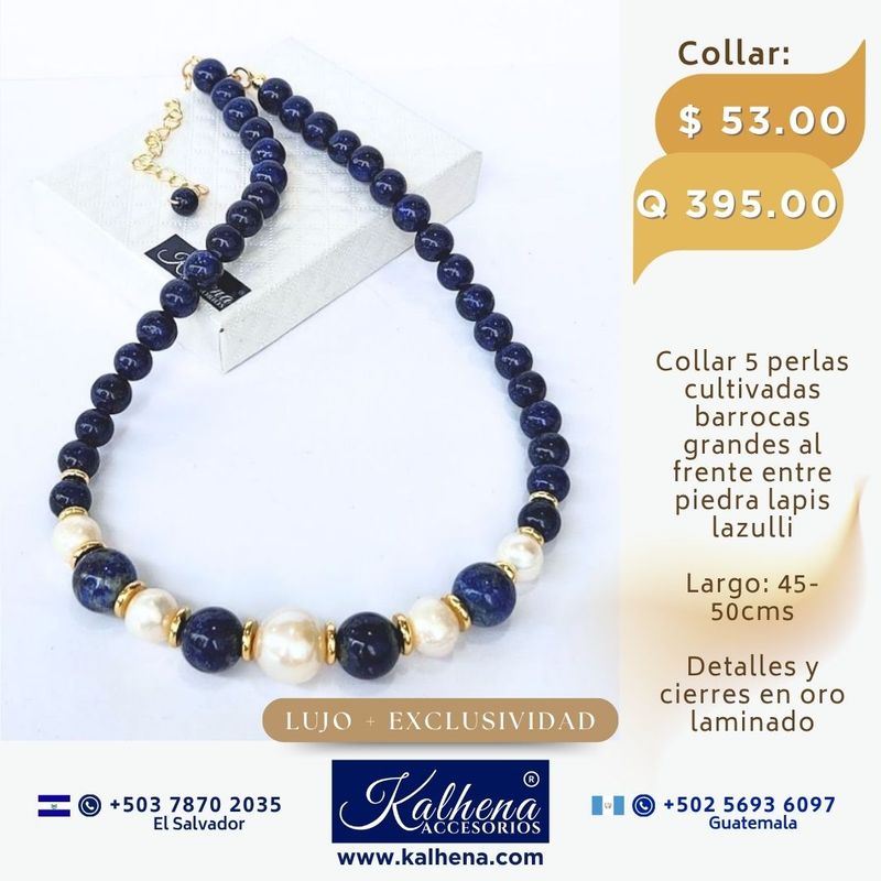 Collar lapis lazulli y perlas cultivadas barrocas blancas