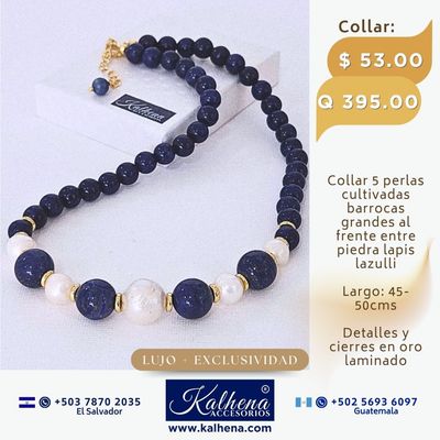 Collar lapis lazulli y perlas cultivadas barrocas blancas