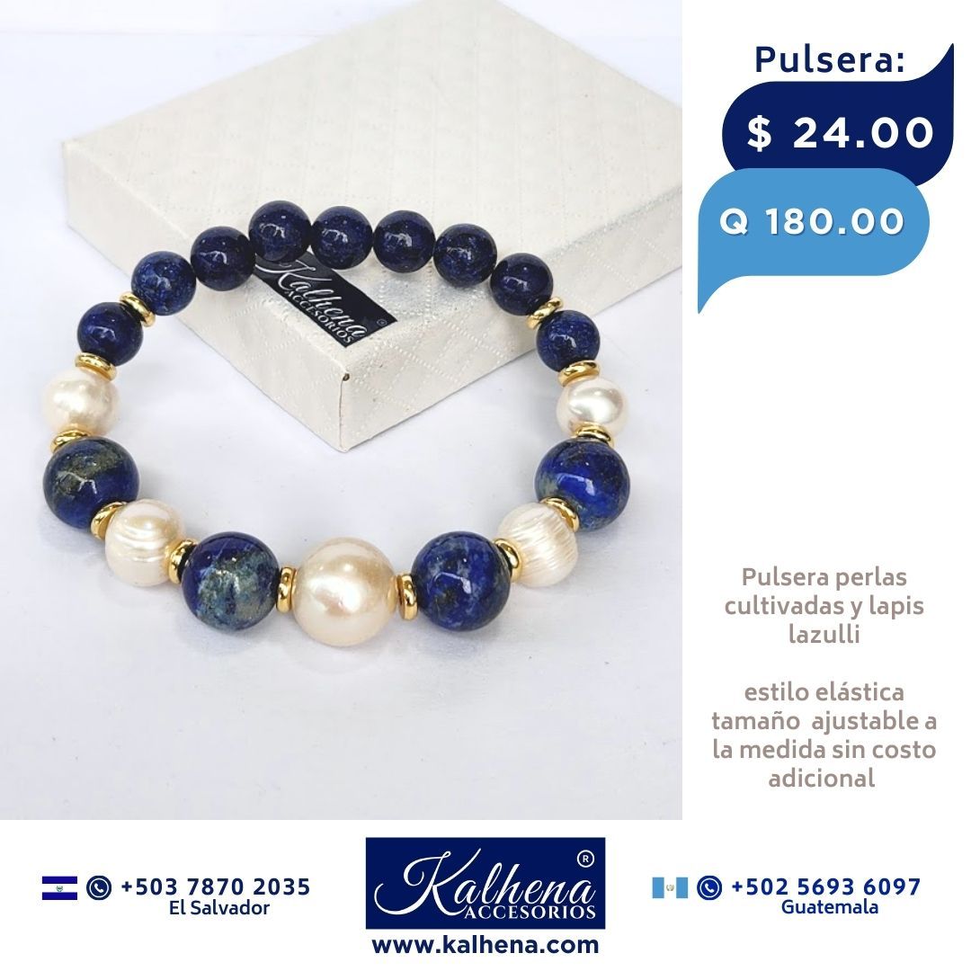 Pulsera lapis lazulli y perlas cultivadas barrocas blancas