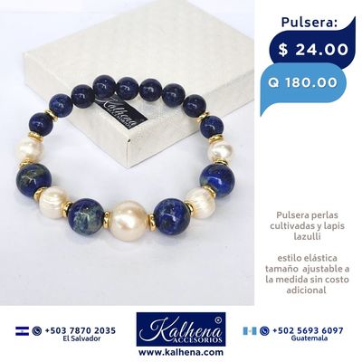 Pulsera lapis lazulli y perlas cultivadas barrocas blancas