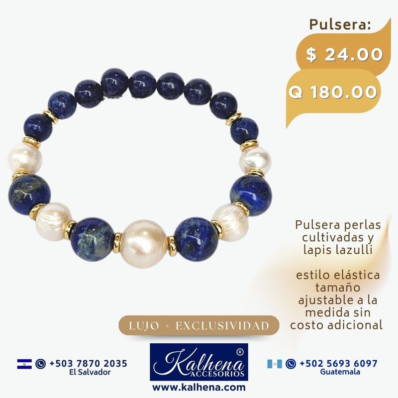 Pulsera lapis lazulli y perlas cultivadas barrocas blancas