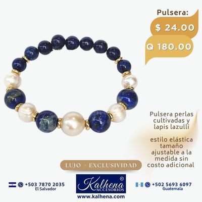 Pulsera lapis lazulli y perlas cultivadas barrocas blancas