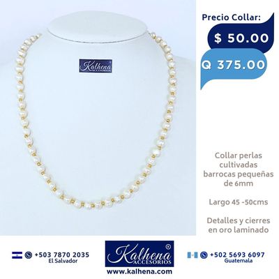 Collar perlas cultivadas barrocas pequeñas entre balines oro laminado