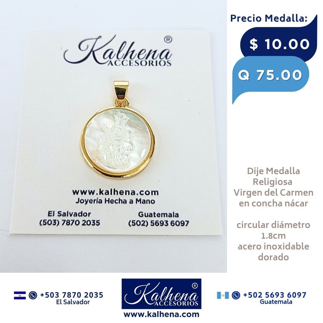 Dije Medalla Religiosa en concha nácar Virgen del Carmen