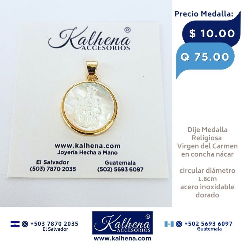 Dije Medalla Religiosa en concha nácar Virgen del Carmen