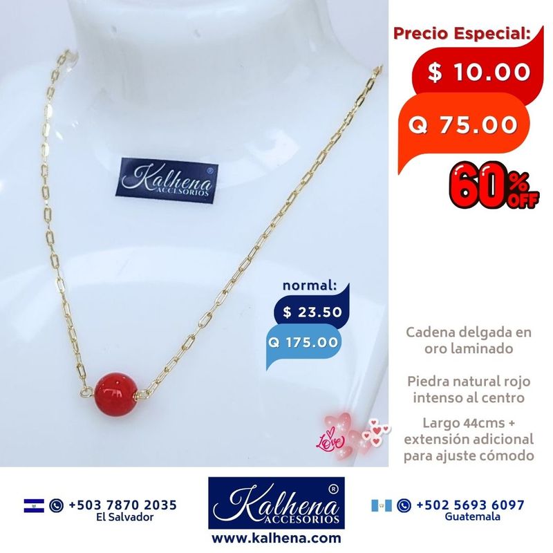 Cadena oro laminado y perla piedra natural ágatha rojo intenso Cadena oro laminado y perla piedra natural ágatha rojo intenso