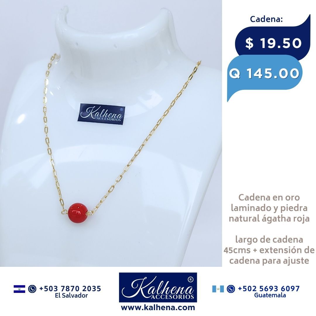 Cadena oro laminado y perla piedra natural ágatha rojo intenso
