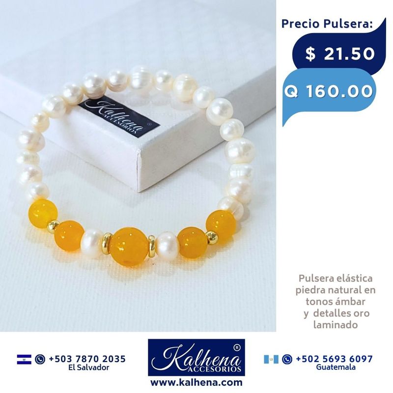 Pulsera 5 Agathas tono ámbar y perlas cultivadas