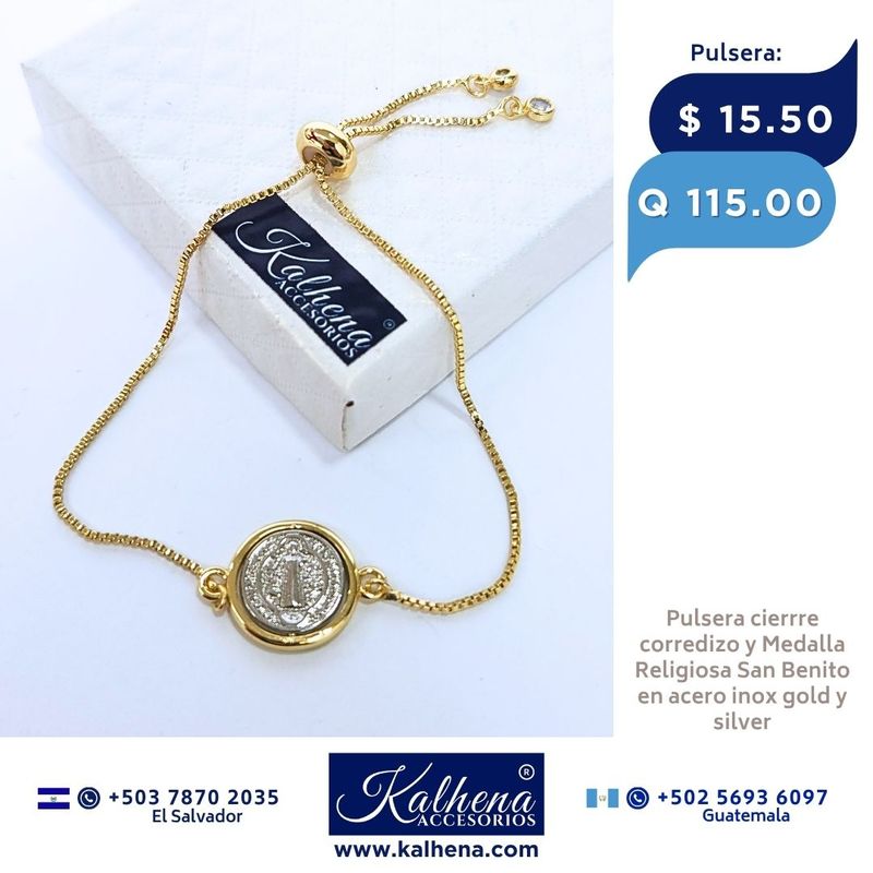 Pulsera cierre corredizo Medalla San Benito dorado plateado