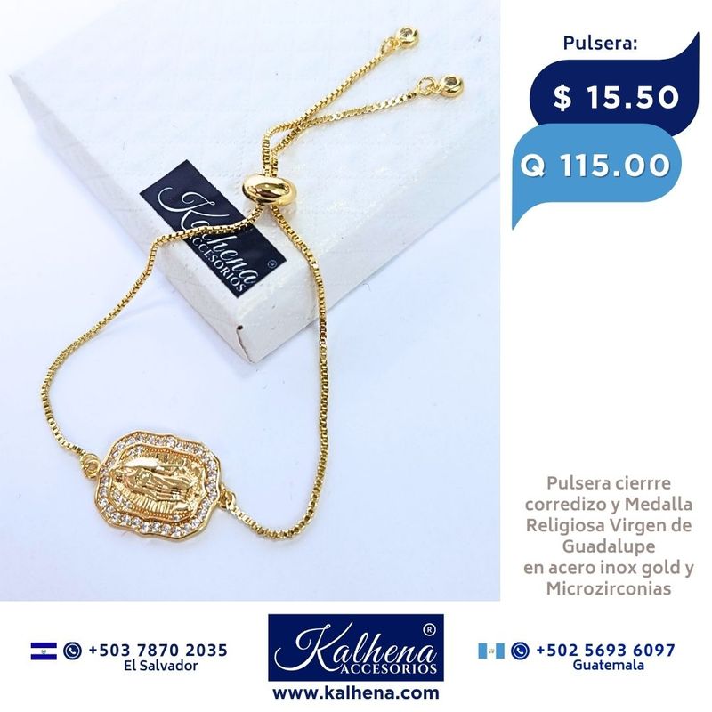 Pulsera cierre corredizo Medalla Virgen de Guadalupe dorado con microzirconias