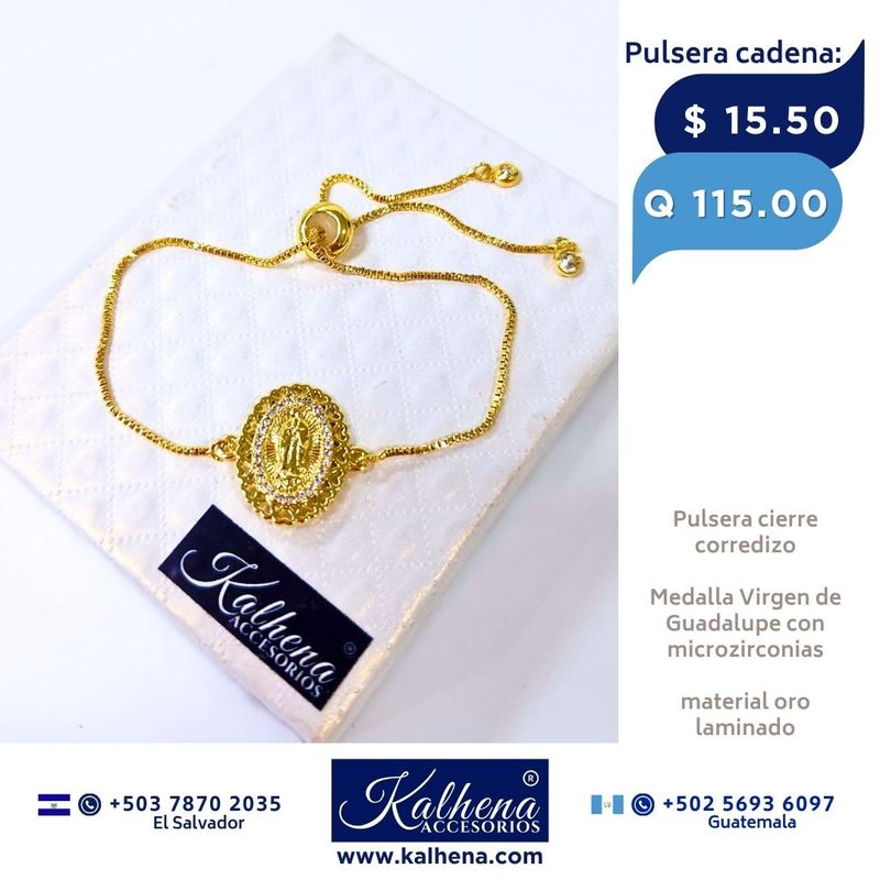 Pulsera cierre corredizo Medalla Virgen de Guadalupe dorado con microzirconias