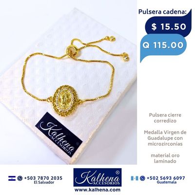 Pulsera cierre corredizo Medalla Virgen de Guadalupe dorado con microzirconias