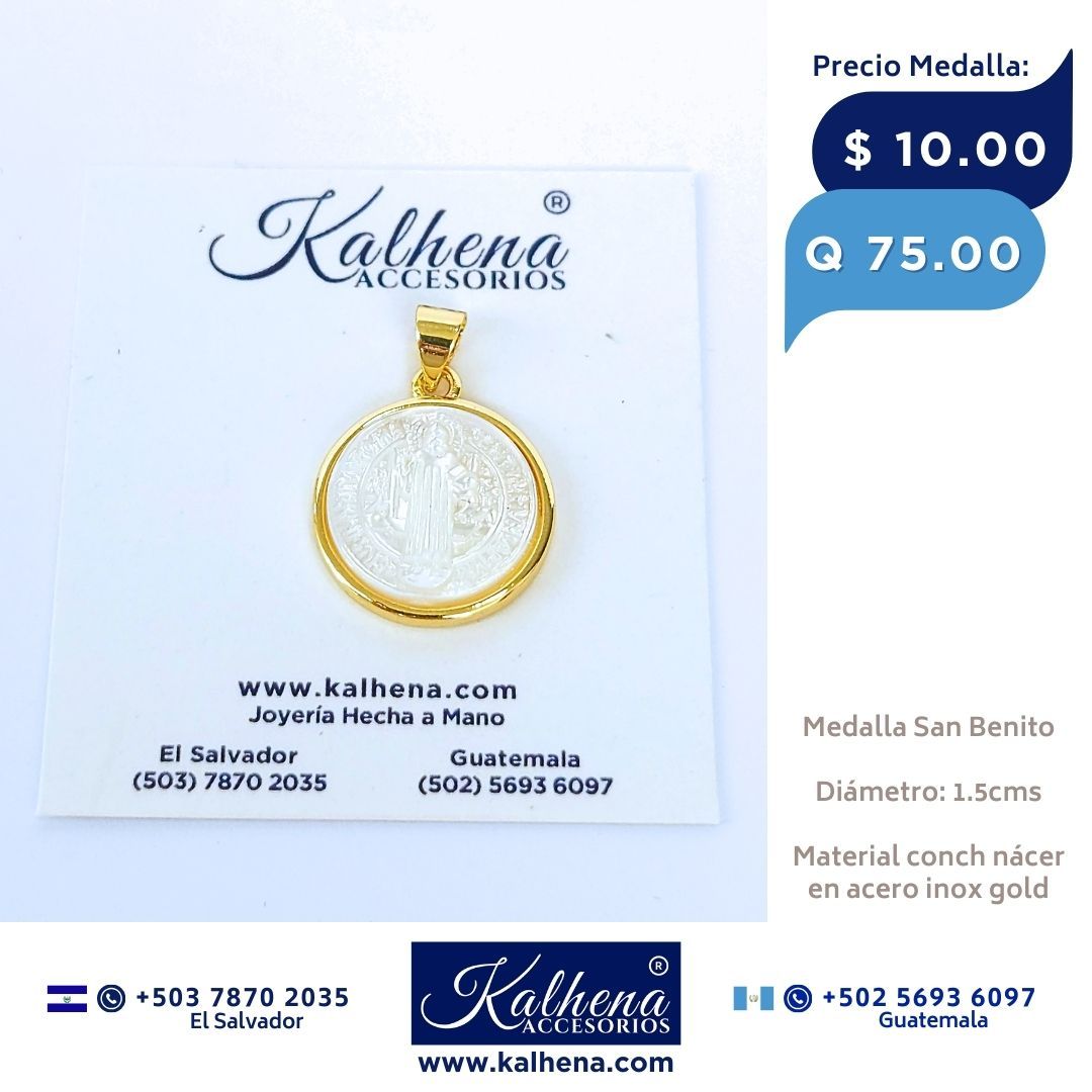 Dije Medalla Religiosa en concha nácar San Benito