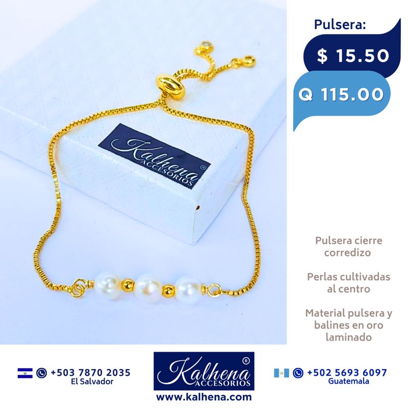 Pulsera cierre corredizo desde 1 hasta 3 Perlas Cultivadas (opcion a elegir)