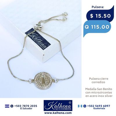 Pulsera cierre corredizo Medalla Religiosa San Benito con microzirconias