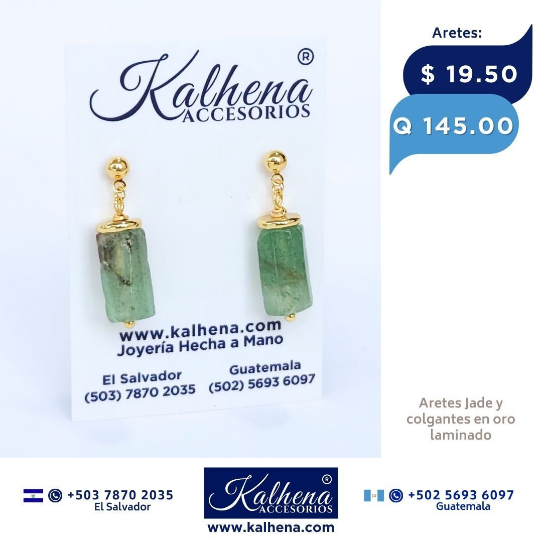 Aretes piedras Jade en colgantes oro laminado