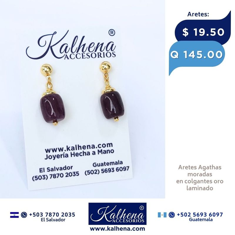 Aretes piedras Agathas moradas forma cilindrica
