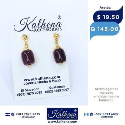 Aretes piedras Agathas moradas forma cilindrica