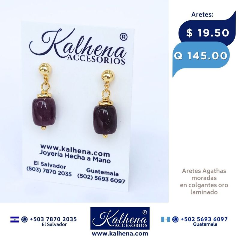 Aretes piedras Agathas moradas forma cilindrica