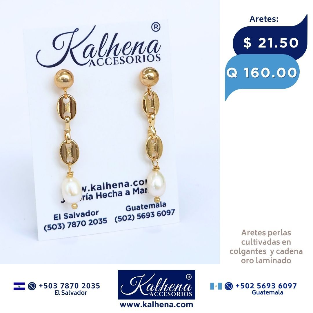 Aretes perlas cultivadas colgantes en cadena oro laminado