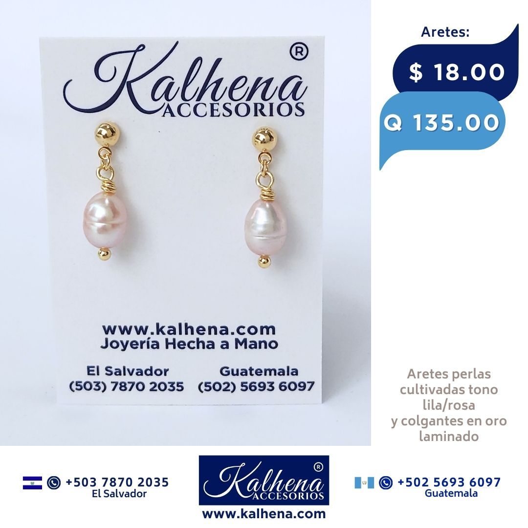 Aretes perla cultivada lisa alargada pequeña tono lila/rosa