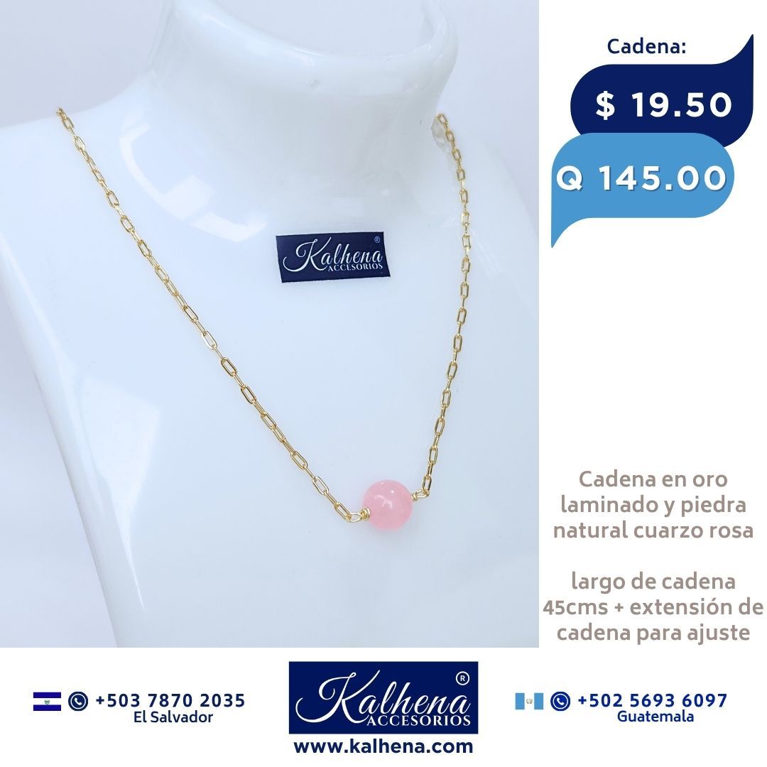 Cadena oro laminado y piedra cuarzo rosa