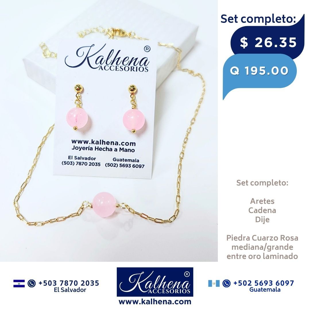 Set completo Cadena y Aretes piedra Cuarzo Rosa