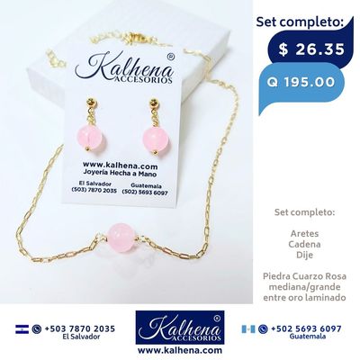 Set completo Cadena y Aretes piedra Cuarzo Rosa