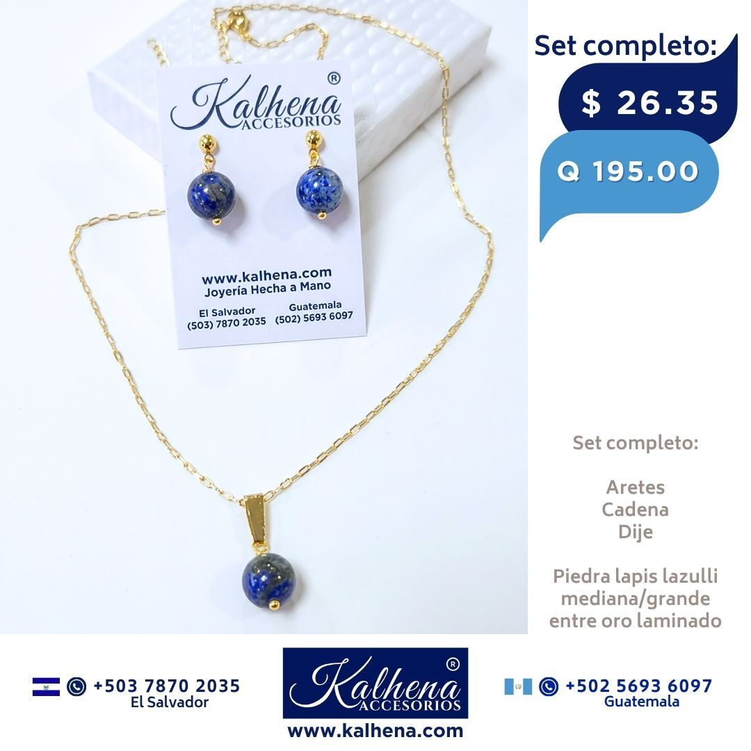 Set completo Cadena con Dije y Aretes piedra lapis lazulli (azul)