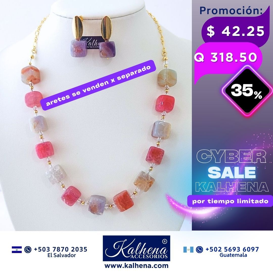Collar Agathas piedra natural en formas cúbicas entre cristales tipo swarovski