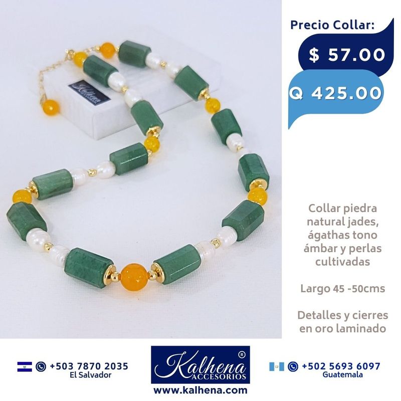 Collar de Perlas Jades verdes y Agathas tono ámbar entre detalles oro laminado
